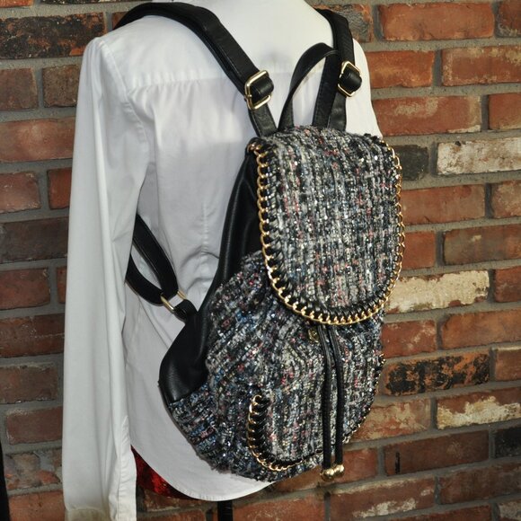 Call It Spring Tweed Woven Gold Chain Bling Backpack - Picture 2 of 11